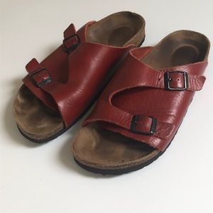 maroon double buckle birkenstock’s.